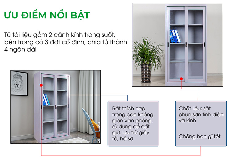 Điểm nổi bật Tủ sắt văn phòng kính lùa suốt BT-K2KSL
