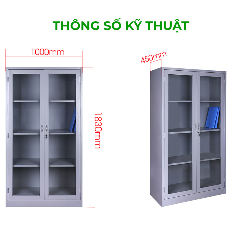 Thông số kỹ thuật Tủ sắt văn phòng 2 cánh kính suốt mở BT-K2KS