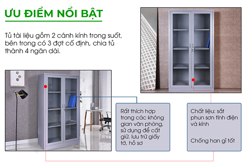 Ưu điểm Tủ sắt văn phòng 2 cánh kính suốt mở BT-K2KS